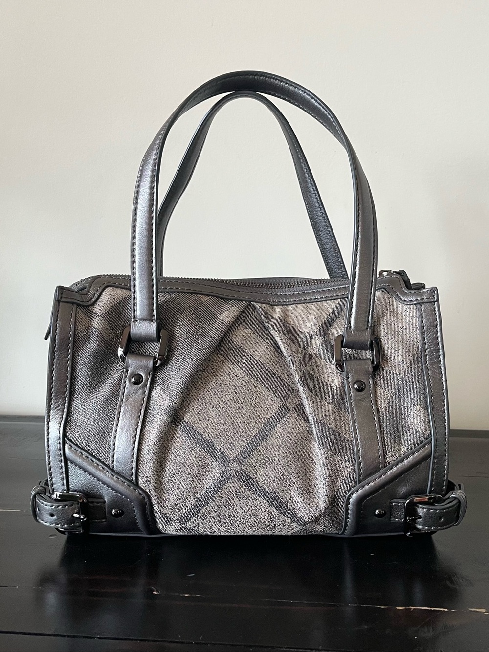 Burberry Small Pilgrim Shimmer Trench Check Bowling Bag.